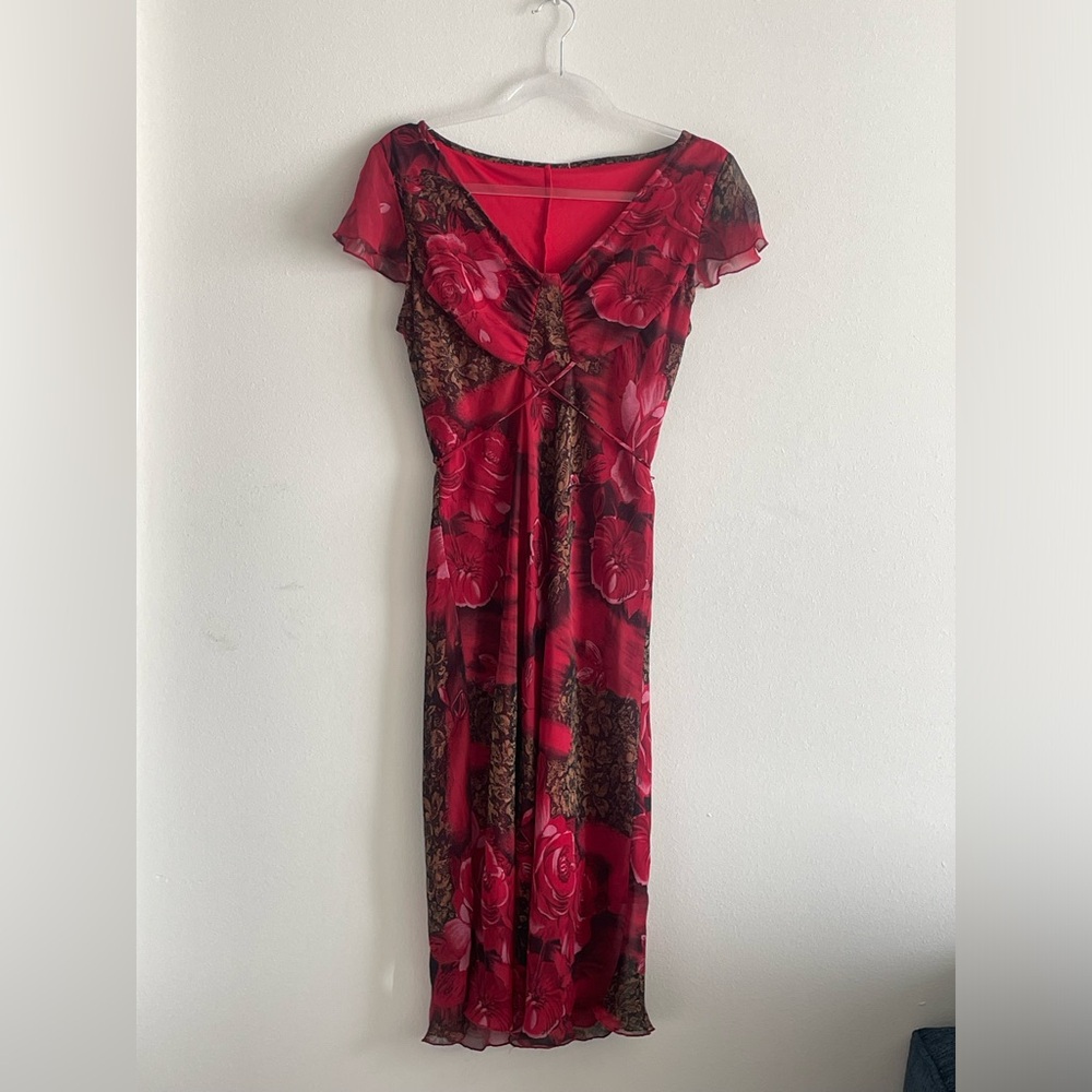 Red Rose Print Midi Dress